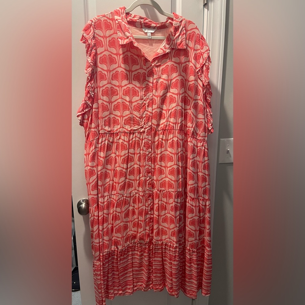 Button-Front Coral and Cream Patterned Maxi Dress